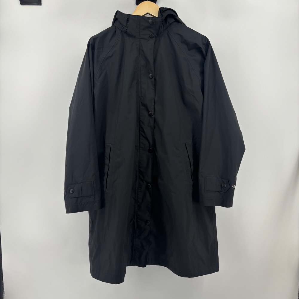 LL Bean Raincoat Women L Black Hooded Long Jacket 0 CCD8 Trench Coat